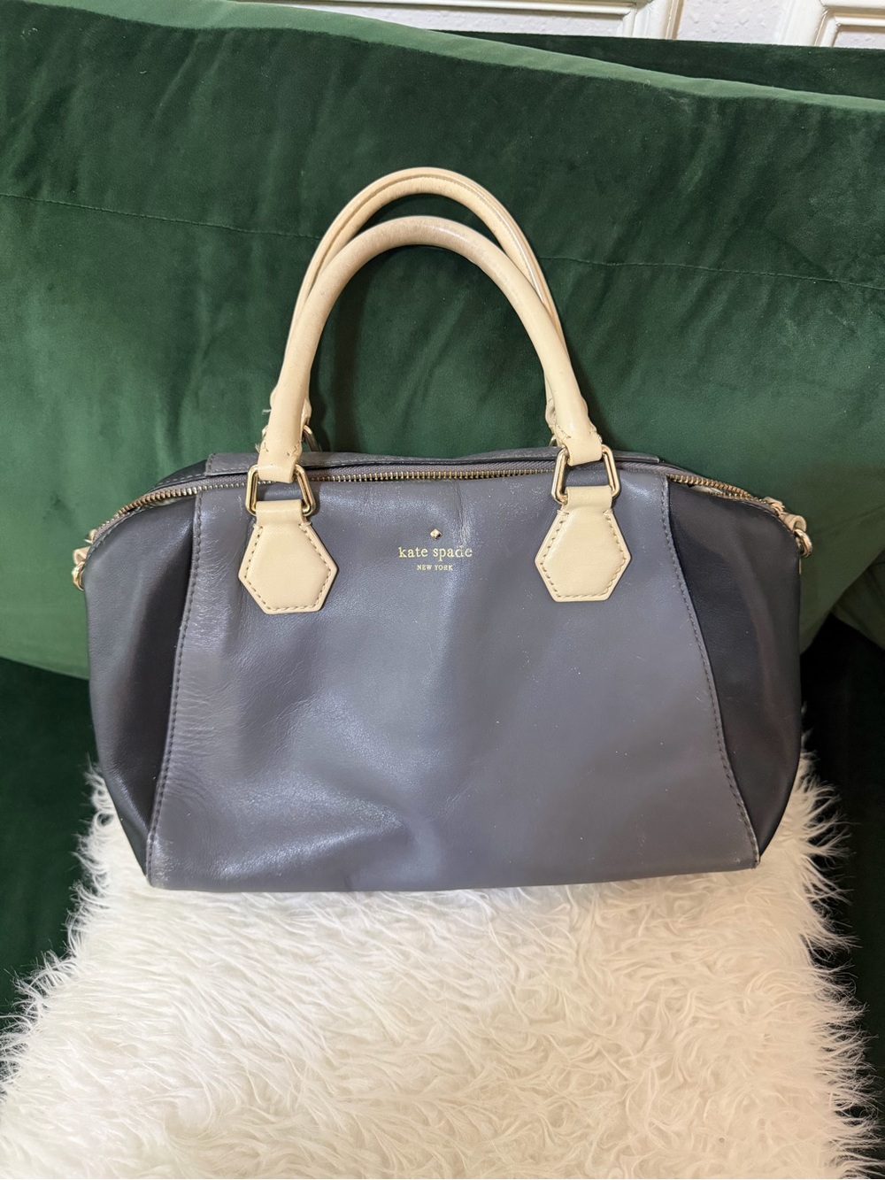 kate spade Gray and Cream Leather Satchel with Gold Hardware